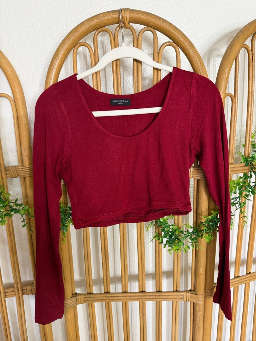 NAKED WARDROBE Long Sleeve Scoop Neck Crop Top - Burgundy
